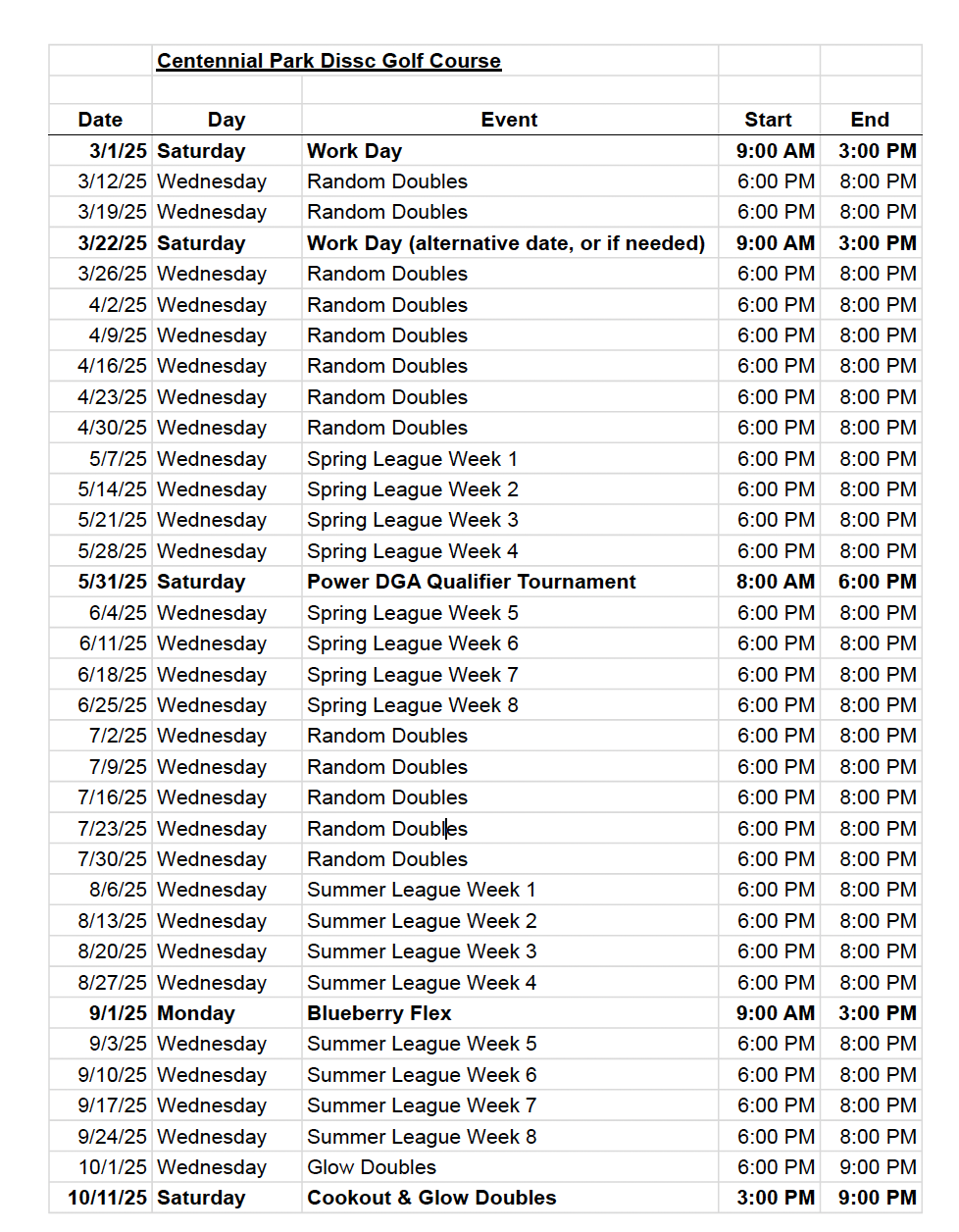 Disc Golf Schedule